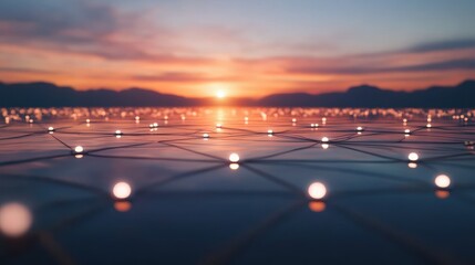 Network sunset landscape, connection nodes