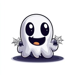 Obraz premium A cute cartoon ghost with a big smile and two small spiders on its hands.