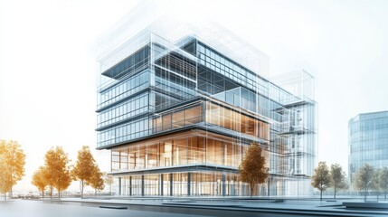 Modern architectural building design, transparent structure, city background, for commercial use