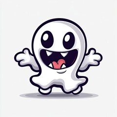 Obraz premium A cute cartoon ghost with a big smile and outstretched arms, isolated on a white background.