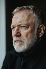 Fototapeta premium Mature man with a thoughtful expression looks out a window in a dimly lit room during the afternoon