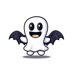 Obraz premium A cute cartoon ghost with bat wings smiles cheerfully.