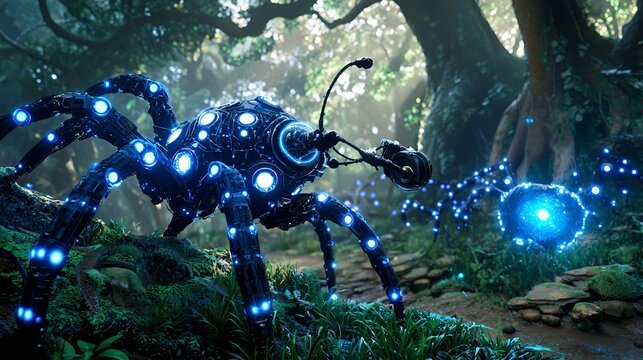 Futuristic spider robot in a dense jungle