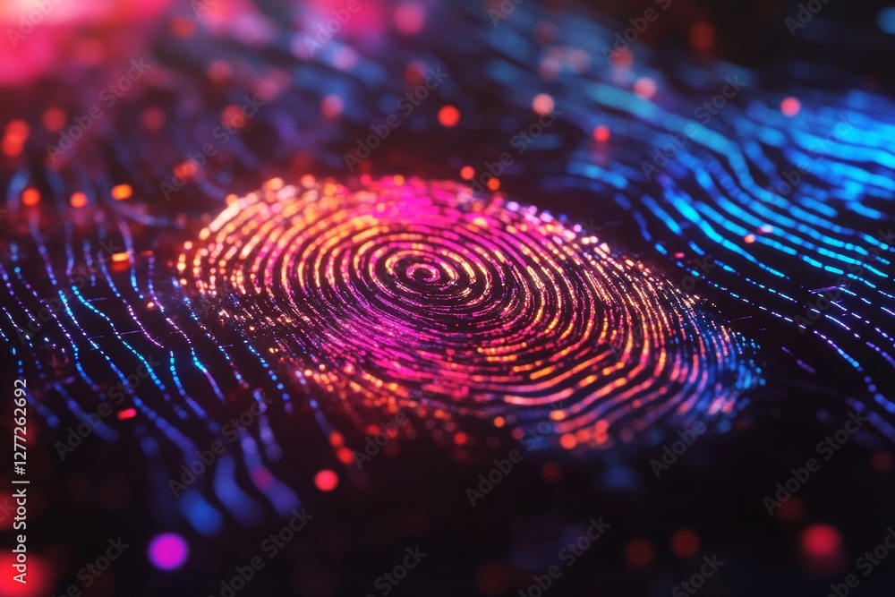Poster a macro close-up of an exquisite, multi-colored abstract fingerprint placed on a textured backdrop, 