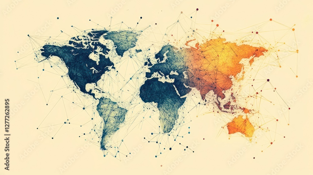 Poster global connectivity network spanning across world map in abstract digital style