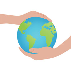 Earth Day. Hands holding a planet symbolizing protection of the Earth. Flat simple style, vector illustration in blue and green color.