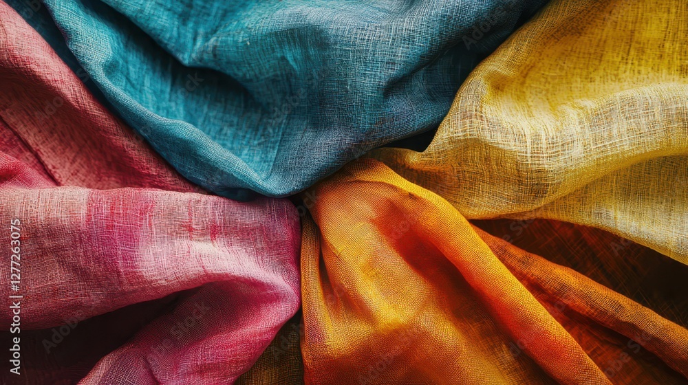 Poster vibrant multi-colored textiles overlapping in a spiral pattern