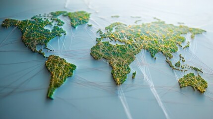 Abstract depiction of a world map showing interconnected dots symbolizing global communication