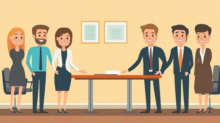 Fototapeta premium Business professionals smiling and shaking hands in a boardroom, representing leadership.