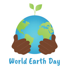 World Earth day banner. African american hands holding a planet with plant. Flat vector illustration.