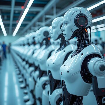 Advanced robotics factory with rows of humanoid robots, being assembled.