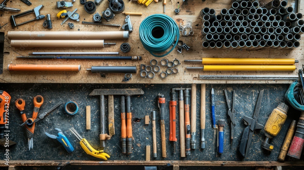 Poster organized tool layout on workbench with various instruments and supplies