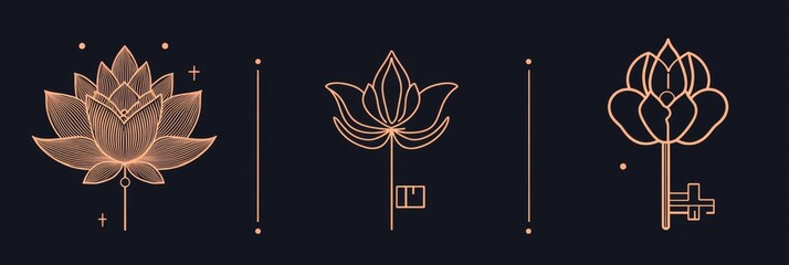 Minimalist linear logo with a mystical key. Logo design for real estate. Logo for a boutique selling cosmetics, beauty products, tattoos, spa services, manicures, and jewelry.