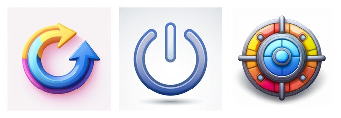 Three glossy icons: a colorful refresh symbol with circular arrows, a blue power button, and a vibrant target with crosshair in a circle.