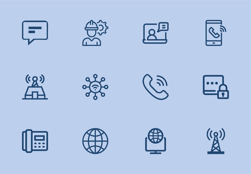 Blue Communication Network Internet Technology Line Icons Set
