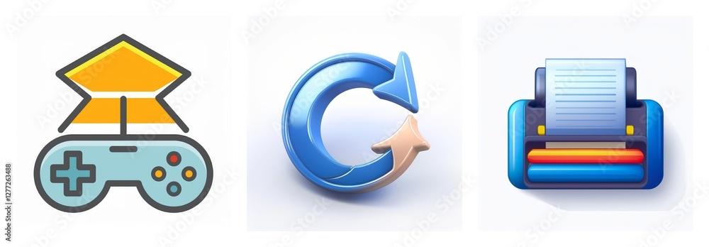 Aufkleber three icons depict a game controller with a graduation cap, a circular refresh arrow, and a printer.
