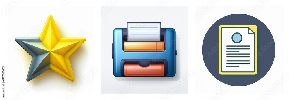 Poster three icons are displayed: a two-tone star, a printer with paper, and a document with a seal inside 