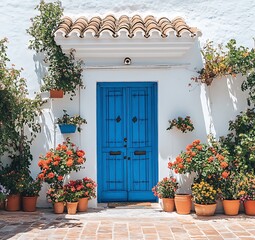 A front view of a house with a blue wooden front door and potted flowers on the sides, against a backdrop of white walls