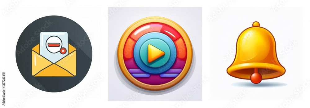 Poster three app icons are displayed: an email with document, a play button, and a golden notification bell