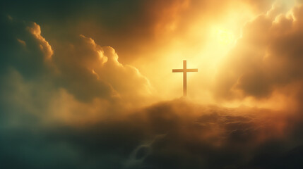 Naklejka premium The Cross of Golgotha with Stormy Skies and Holy Light - Christian PowerPoint Background with iconography