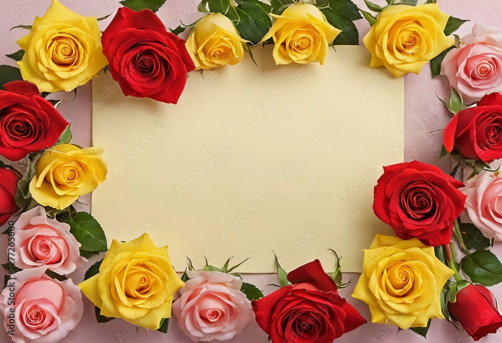 Poster roses in shades of red and yellow create a stunning border around an empty area. this design offers 