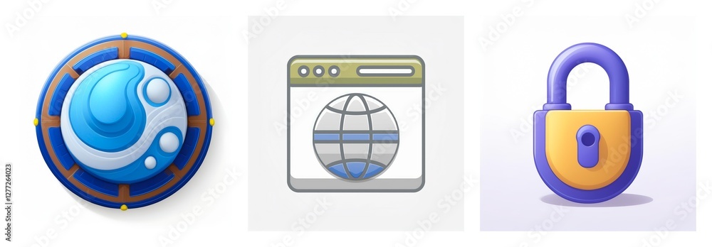 Poster three icons represent digital security and internet. a target with water droplets, web browser with 