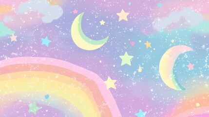 Fototapeta premium Dreamy Pastel Sky with Moons, Stars, and Rainbow Elements