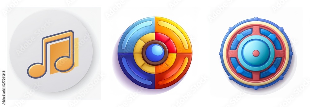 Aufkleber three distinct icons feature a musical note, a segmented colorful circle, and a blue geometric circu