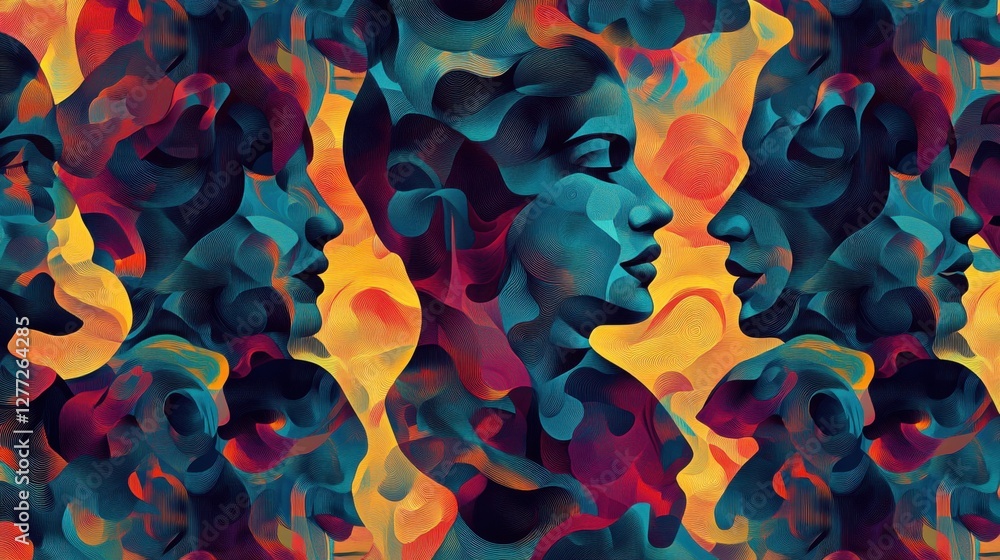 Poster abstract faces in vibrant colors and fluid forms representation