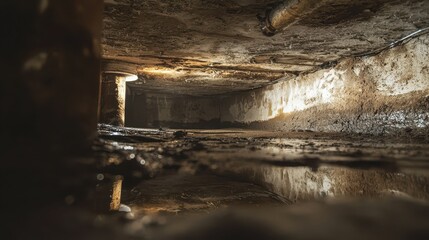 Dark and Mysterious Underground Basement with Water and Dirt