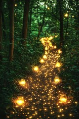 Obraz premium Sparkling pathway illuminated by glowing lanterns in a tranquil forest at twilight