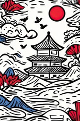 A black and white illustration of a Japanese pagoda with mountains, red flowers, birds, and a large red sun in the background.
