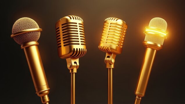 Golden Retro Microphones Vintage Audio Equipment Music Recording Studio Podcast Broadcasting