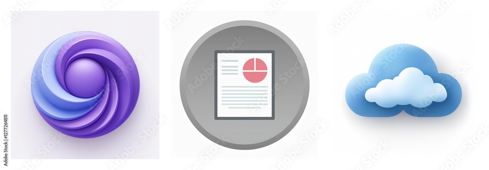 Poster three distinct icons are displayed against a white backdrop: a swirling abstract shape, a document w