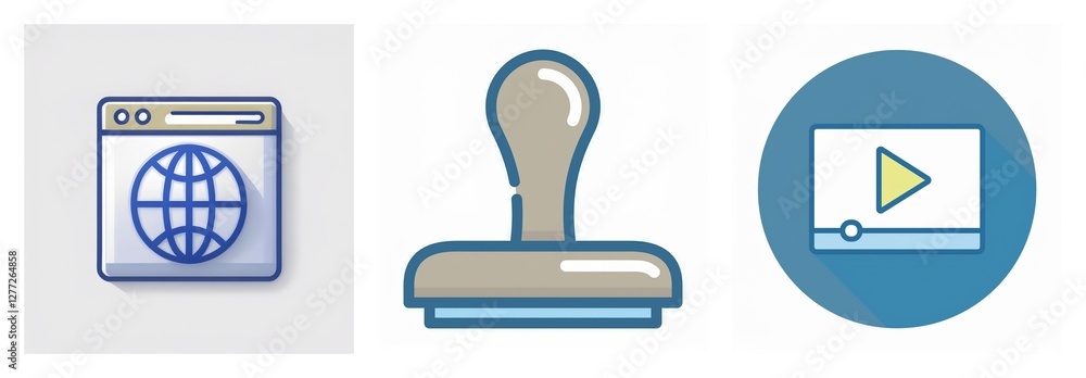 Poster three distinct icons represent web browsing, document stamping, and media playback, each in a simple