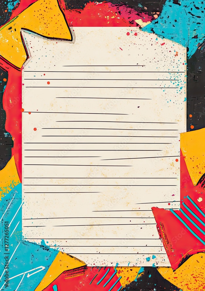 Poster a blank lined paper with a colorful abstract background of geometric shapes and splatters.