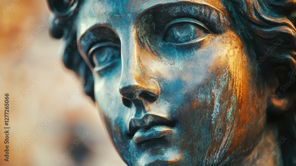 Poster close-up of a bronze statue with intricate facial features and textures