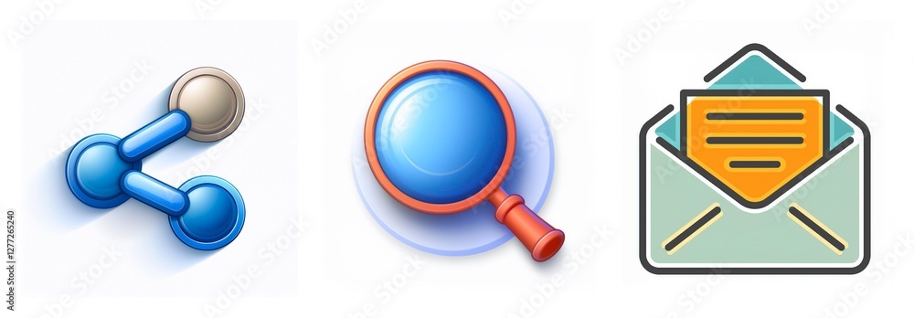 Poster glossy icons depict digital actions. a blue share symbol, a magnifying glass, and an open envelope w