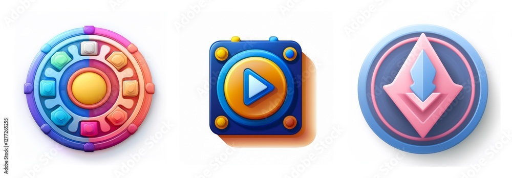 Aufkleber three glossy app icons: a colorful segmented wheel, a blue square with a play button, and a circle w