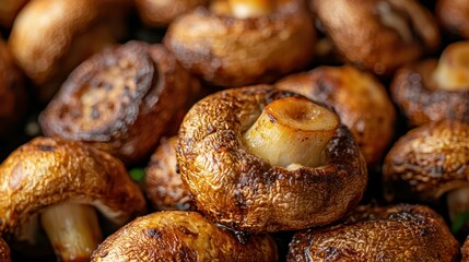 Close-Up View of Savory Roasted Mushrooms on a Dark Background