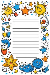 A blank lined paper with a sun, stars, and other baby-related doodles surrounding the edges.