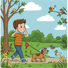 Fototapeta premium Boy Listening to Music Walking Dog in Park with Birds and Pond