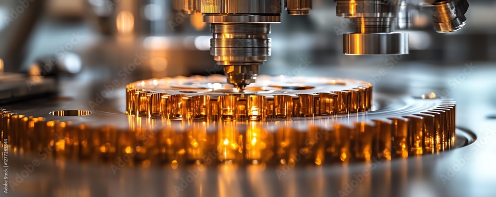 Poster closeup of interlocking gears in automation, complex gear mechanism, advanced industrial automation,