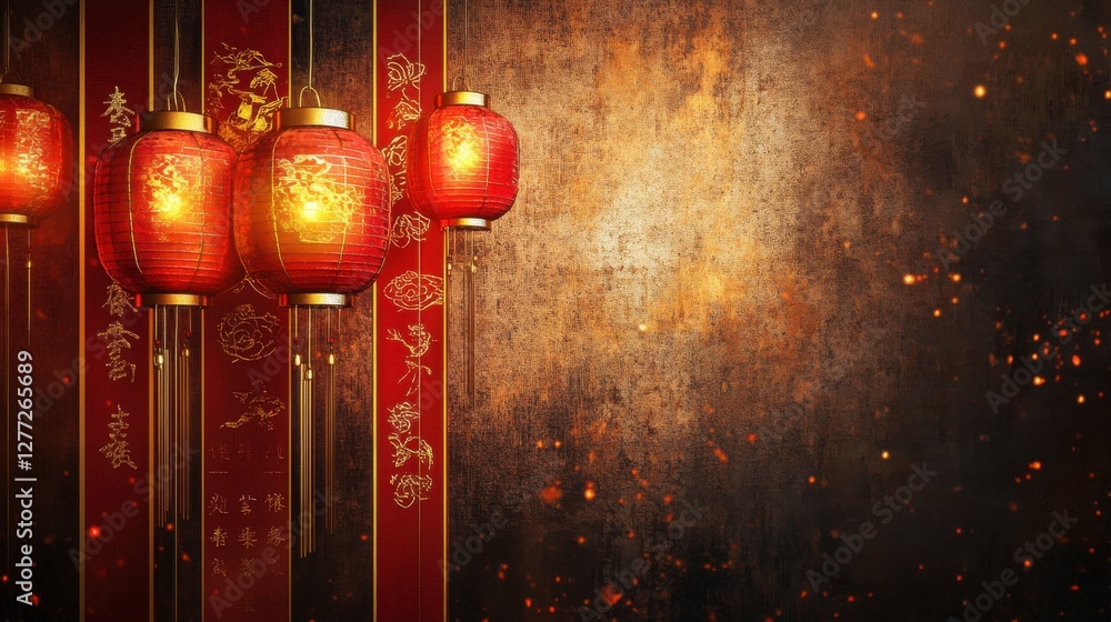 Poster Elegant Red Lanterns with Gold Patterns Against a Dark Background
