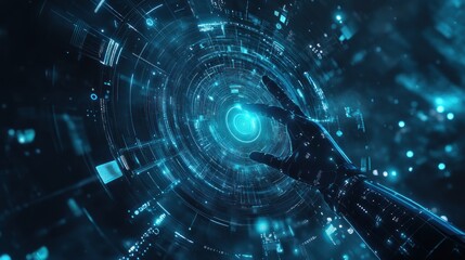 Obraz premium Robotic hand interacting with a futuristic digital interface, glowing blue circular HUD.