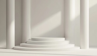 White pedestal stage in sunlit classical columns interior