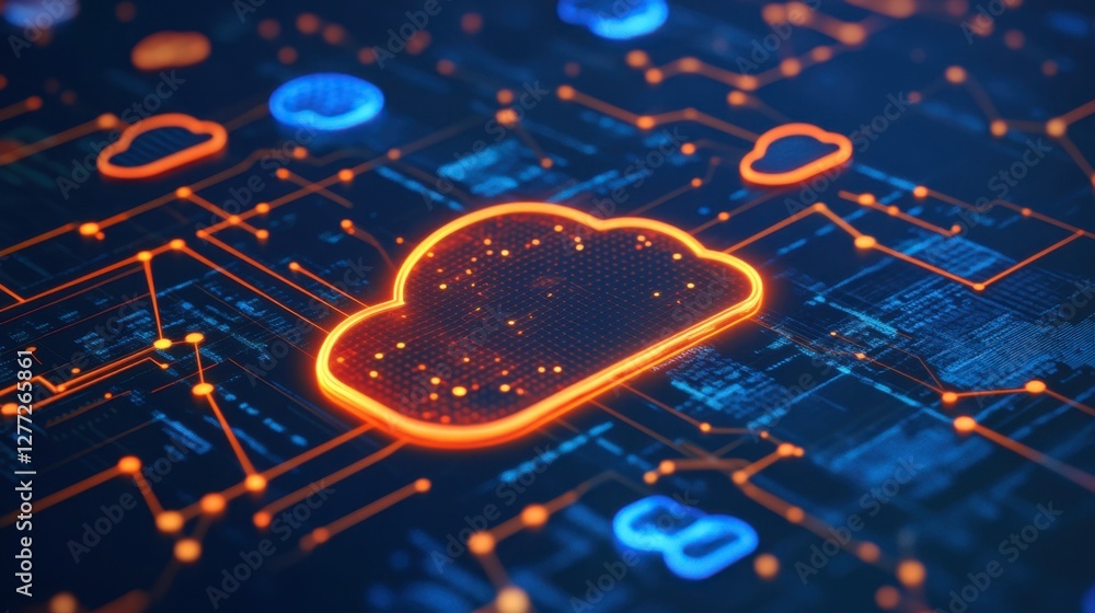 Aufkleber futuristic digital city with interconnected cloud computing systems and glowing cyber pathways.