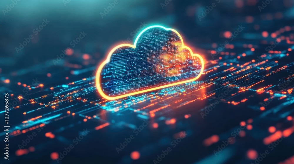 Poster futuristic digital city with interconnected cloud computing systems and glowing cyber pathways.