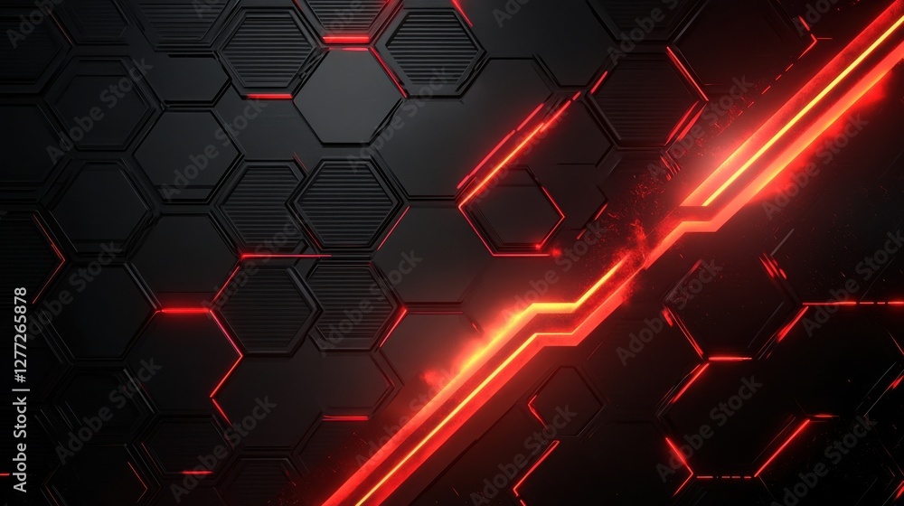 Poster Abstract Hexagonal Pattern with Red Neon Line on Dark Background