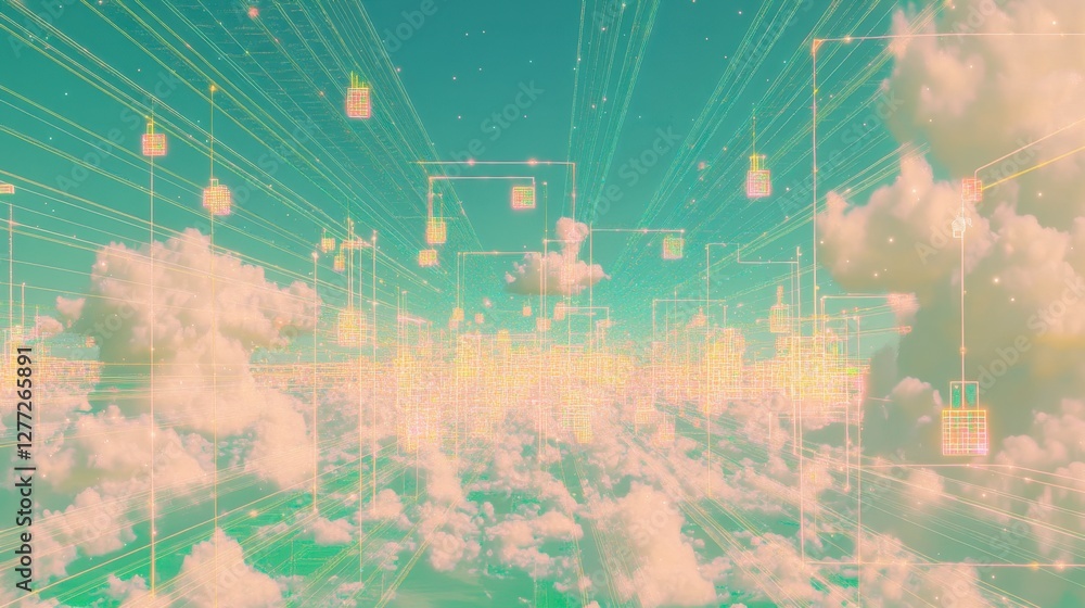 Poster futuristic digital city with interconnected cloud computing systems and glowing cyber pathways.